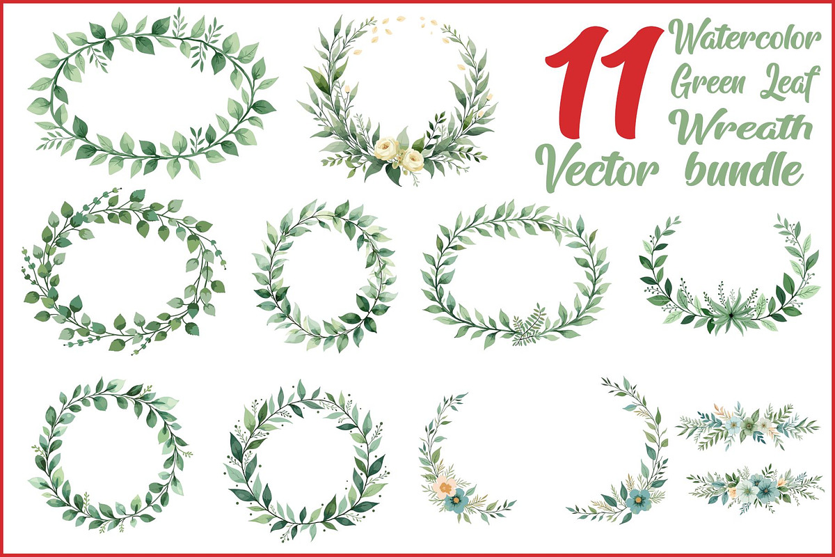Watercolor Green Leaf Wreath Vector, an Illustration by hafijul (Photo 1 of 12)