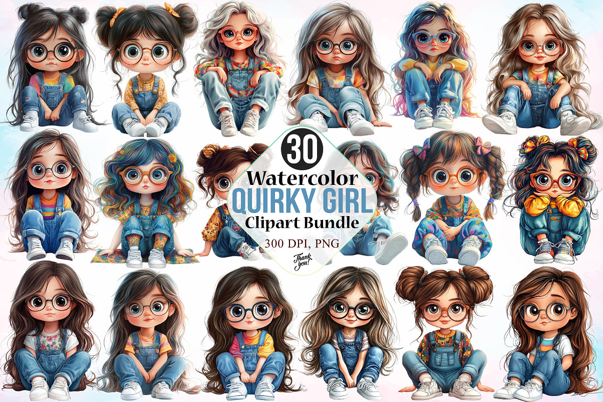 Watercolor Quirky Girl Clipart PNG, a Seasonal Illustration by Canvas Craft (Photo 1 of 3)