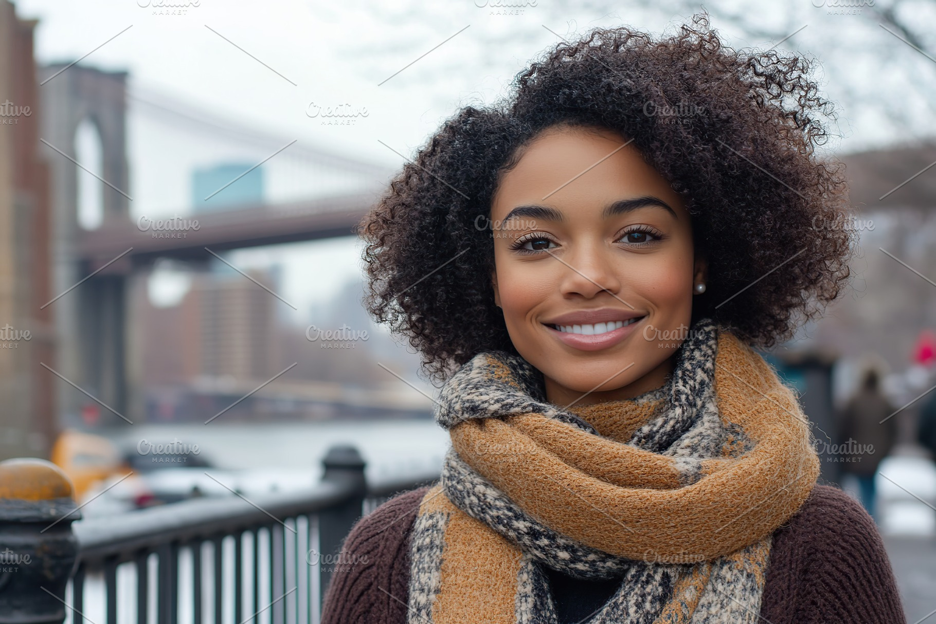 Woman standing confidently on a busy street with a bridge in the background on, a Person Photo by AlyaAnd