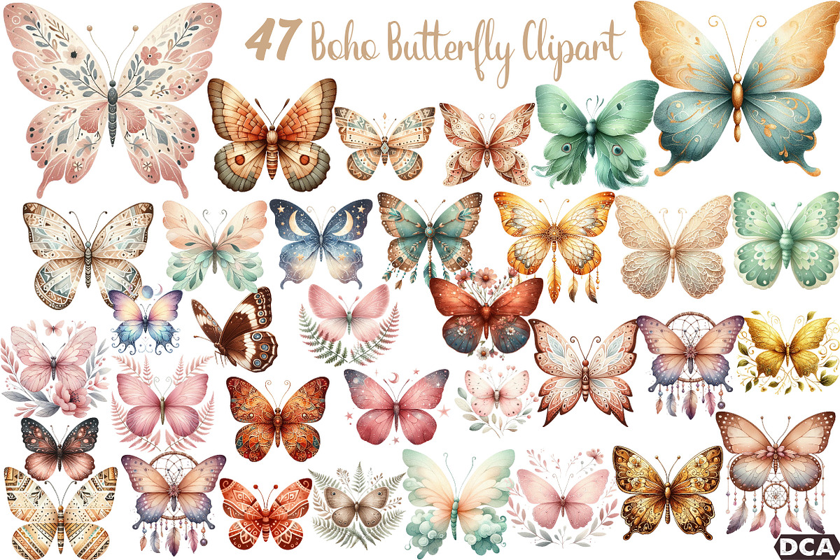 Watercolor Boho Butterfly Clipart, an Illustration by DreamCafeArt (Photo 1 of 7)