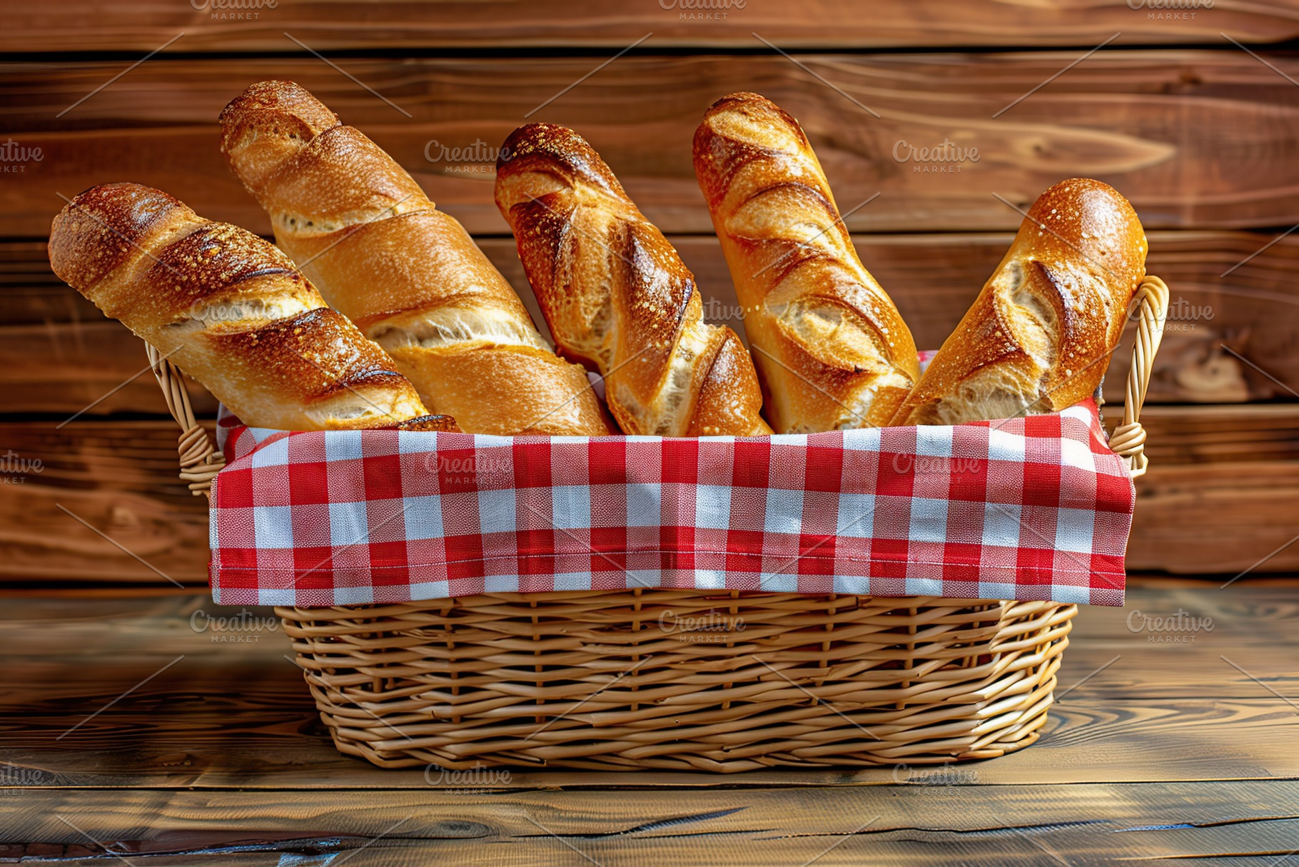 Freshly baked baguette in basket on wooden table, a Food & Drink Photo by AlyaAnd