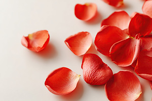 Fresh red rose petals scattered on a soft surface creating a romantic ambiance, a Nature Photo by AlyaAnd