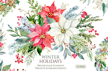 Watercolor Xmas Flowers & Greenery, an Illustration by GraphicsDish
