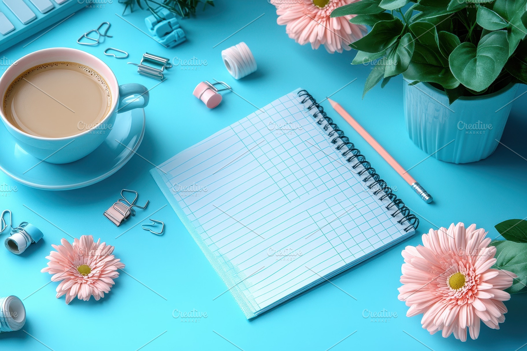 Creative workspace featuring coffee,, a Photo by Tanuart