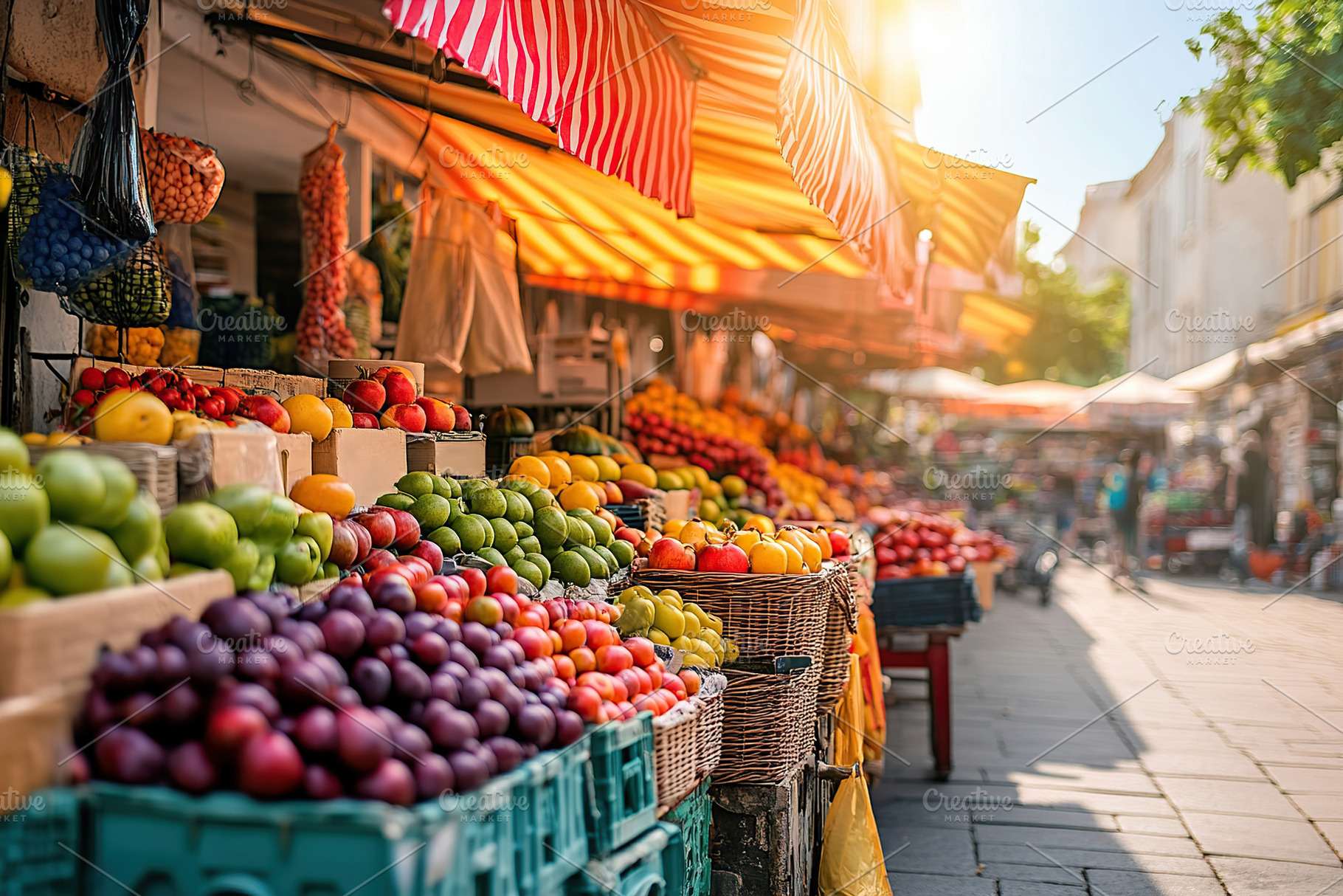 Vibrant summer market with fresh ripe fruits under sunny skies, a Food & Drink Photo by AlyaAnd