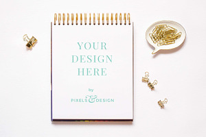 Gold sketchpad mockup containing styled stock photography, sketchpad, and