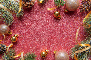 Festive christmas tree branches with baubles on glitter backgrou, a Holiday Photo by Olena Rudo