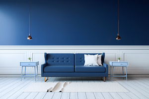 Modern interior of living room containing interior, design, and blue