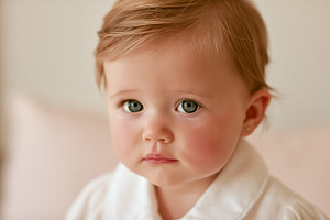 Baby girl with blonde hair and blue eyes looking at the camera,, a Person Photo by Studio ANNA