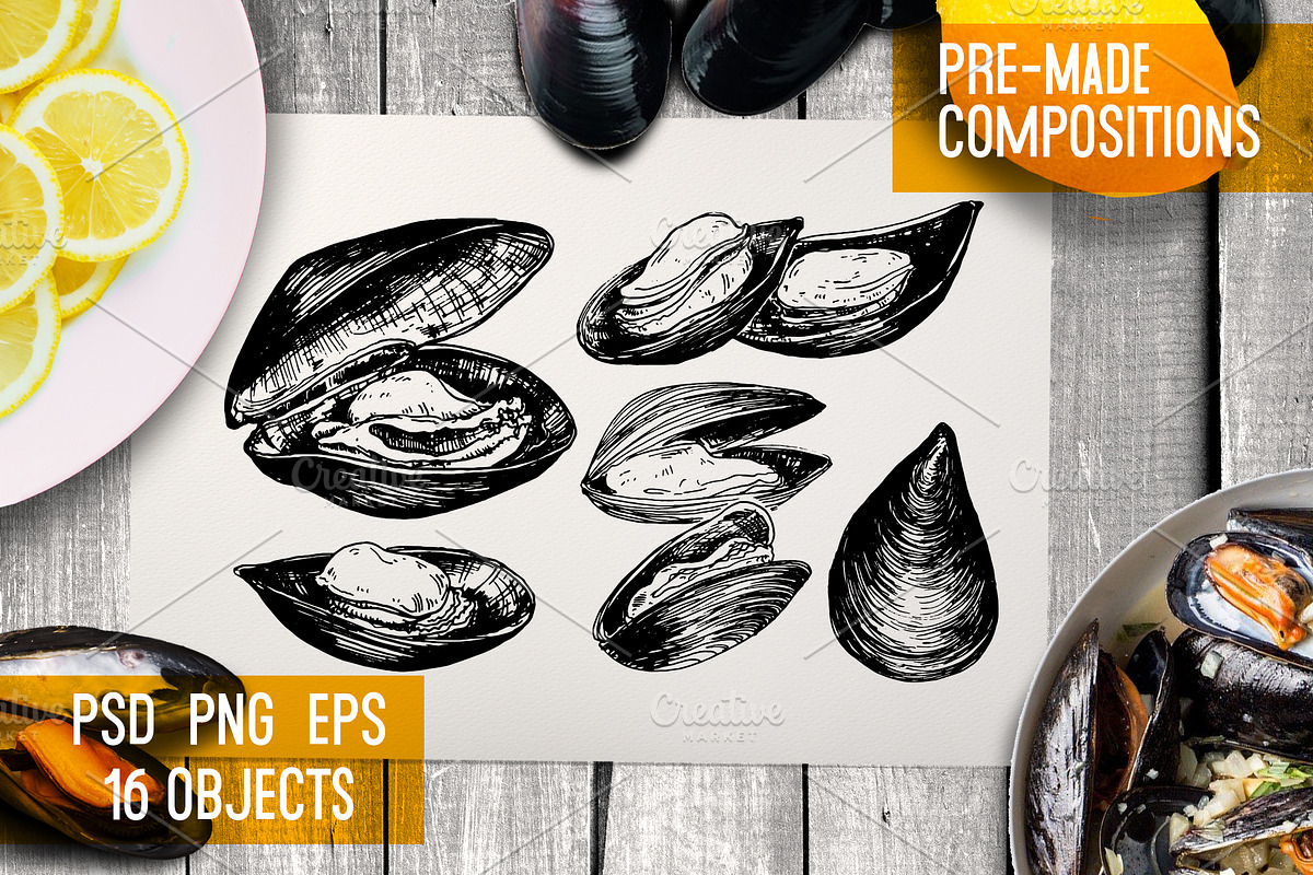 Mussels. Seafood menu illustrations, a Food Illustration by Alena Kaz (Photo 2 of 4)