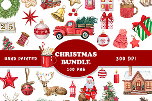 Watercolor CHRISTMAS BUNDLE 100 PNG, a Seasonal Illustration by PatternPalette