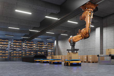 Robotic arm for packing featuring 3d rendering, agv, and ai robot, an Industrial Photo by vanitjan