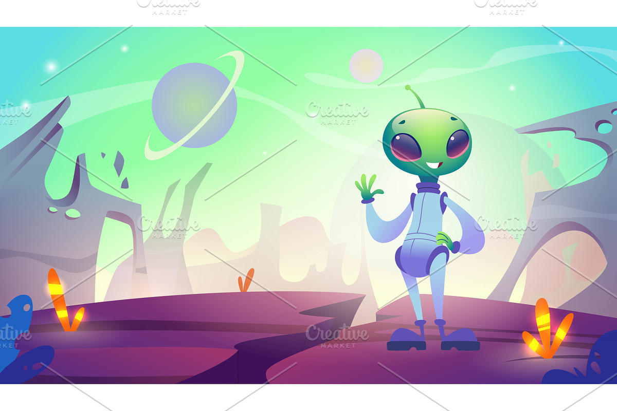 Alien. Space background with cute, an Illustration by Onyx