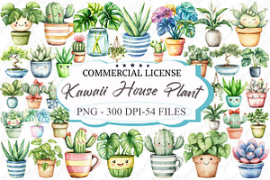 Watercolor Kawaii House Plant Clipar, an Illustration by designcity5