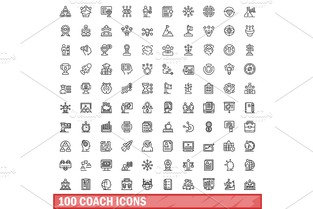 100 coach icons set, outline style, an Object Illustration by Ylivdesign