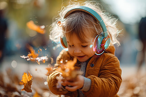 Child joyfully playing with colorful fallen leaves on a sunny autumn day in the, a Person Photo by AlyaAnd
