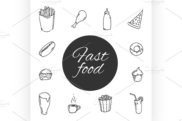 Fast Food Sketch Design Icon Set