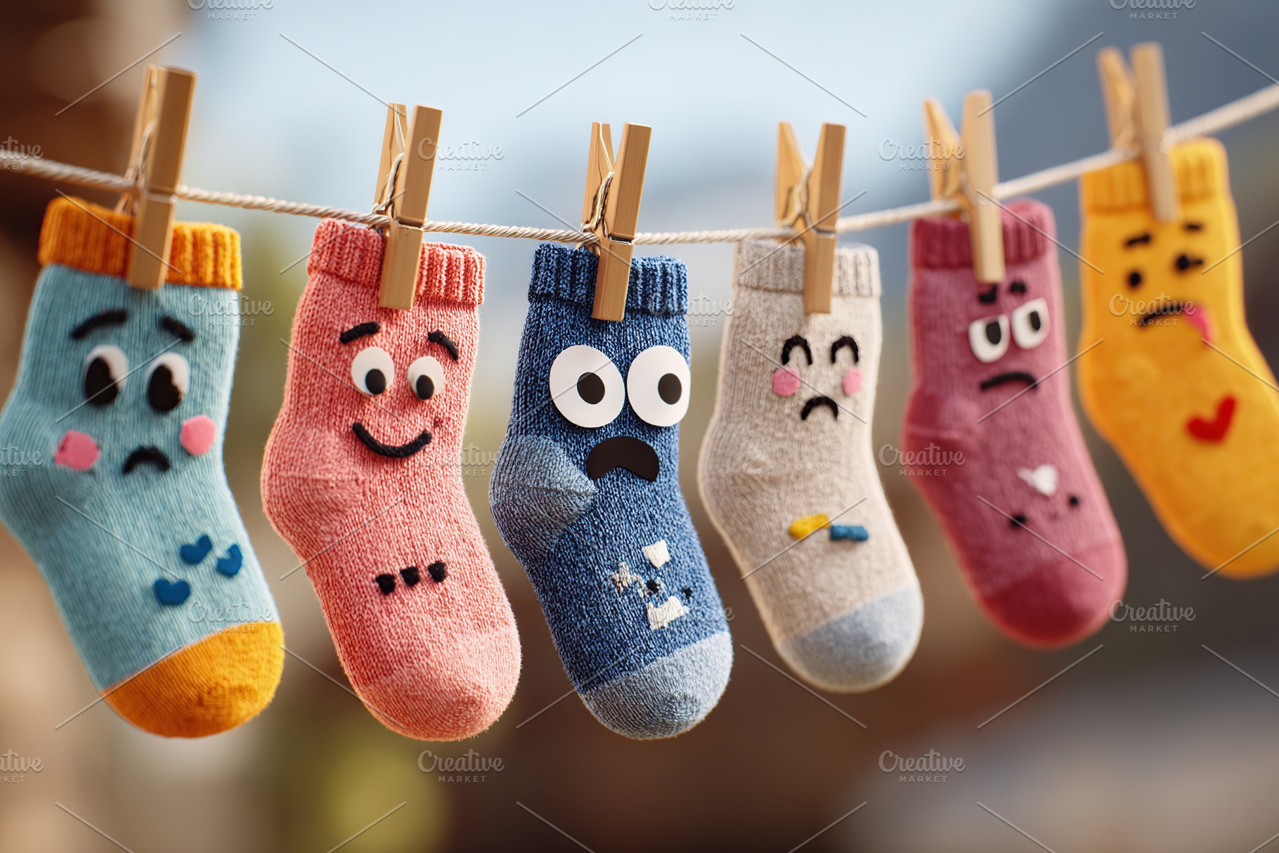 Colorful expressive socks hanging on a clothesline, a Beauty & Fashion Photo by AlyaAnd