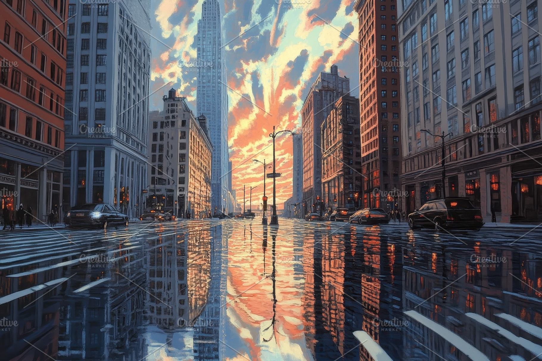 City skyline reflections in puddles, a Photo by Pavel_design