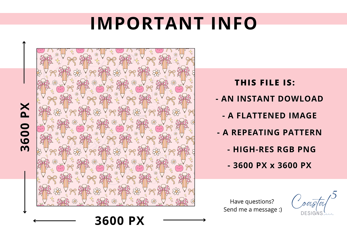 Pink Coquette Back to School Pattern, a Pattern Graphic by Coastal 5 Designs (Photo 3 of 3)