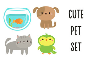Pet set. Cat, dog, fish, parrot bird, an Animal Illustration by Worldofvector