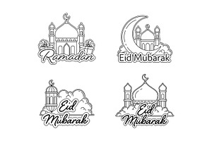 Ramadan and Eid Mubarak Outline, a Decorative Illustration by Saba Vector