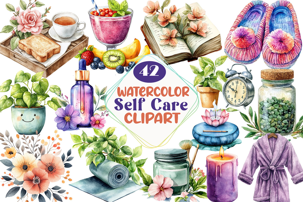 Watercolor Self Care Clipart Bundle, an Illustration by DreamCafeArt (Photo 1 of 5)