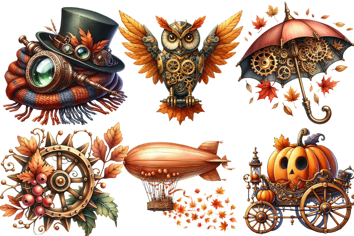 Watercolor Steampunk Autumn Clipart, an Illustration by Designworld (Photo 3 of 6)
