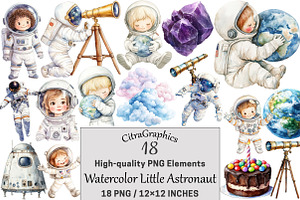 Watercolor Little Astronaut Clipart, a Seasonal Illustration by CitraGraphics
