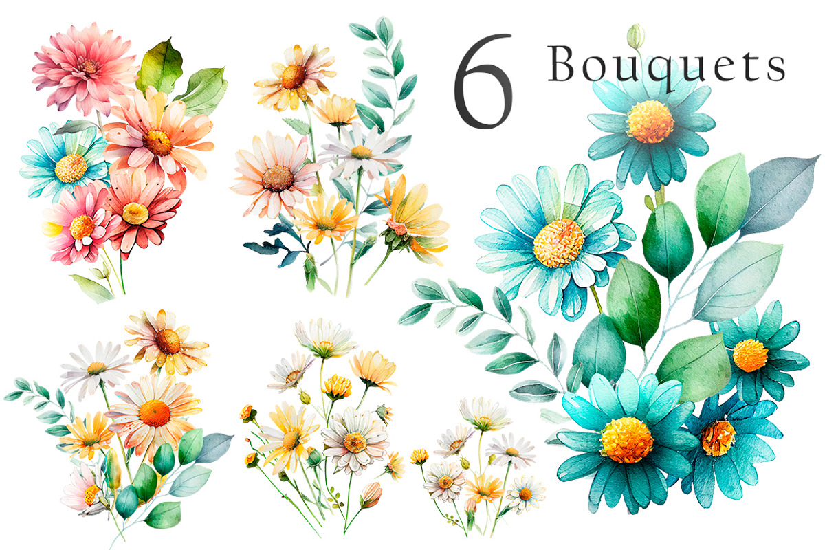 Watercolor Daisies Flowers Clipart, an Object Illustration by Evgeniia (Photo 2 of 8)