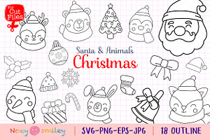 Outline Santa & Animals Clipart
