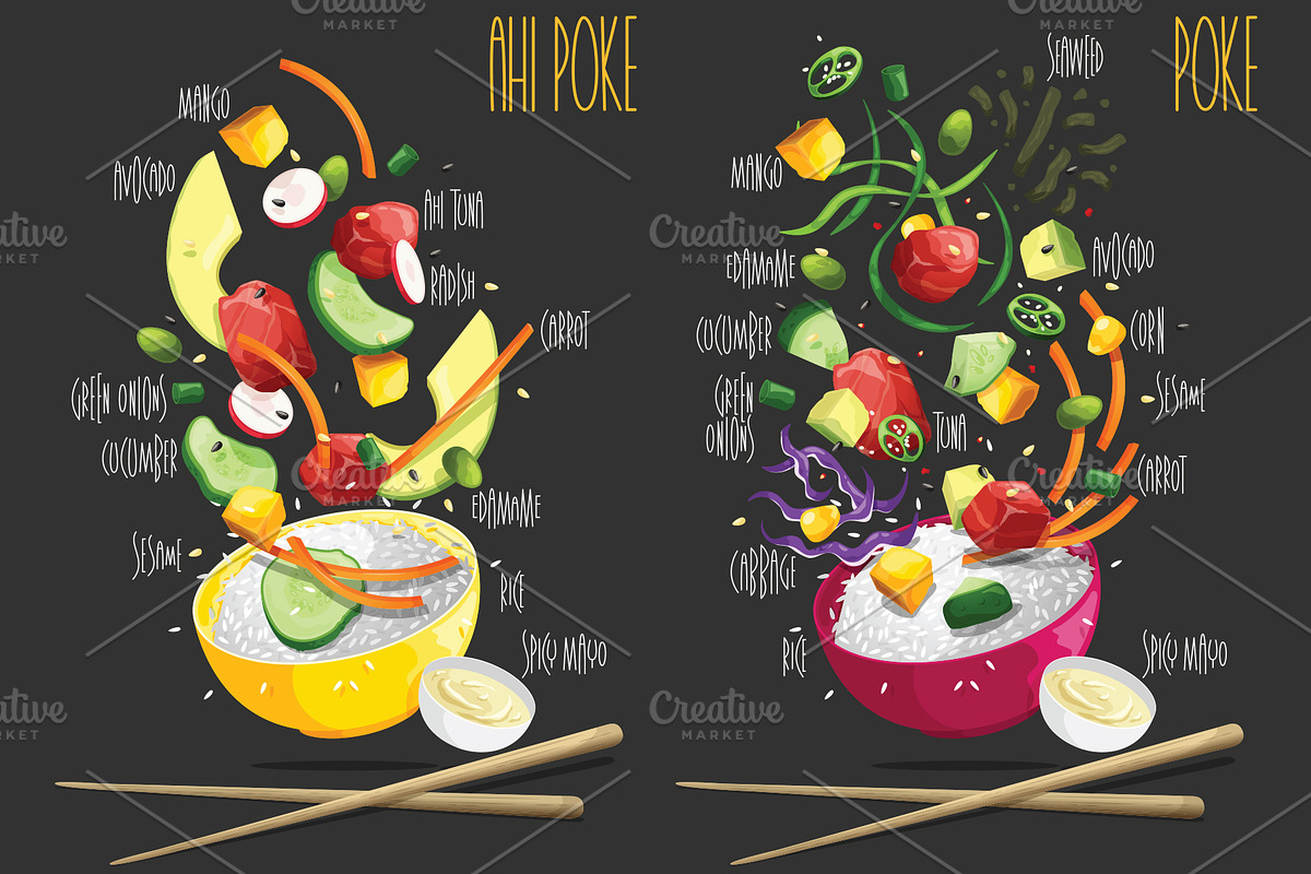 Set Poke. Vector Illustrations, a Food Illustration by AKOMIX (Photo 4 of 5)