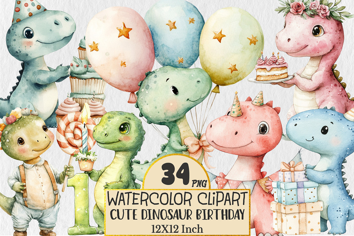 Cute Dinosaur Birthday Watercolor, a Seasonal Illustration by Rose Art (Photo 1 of 4)