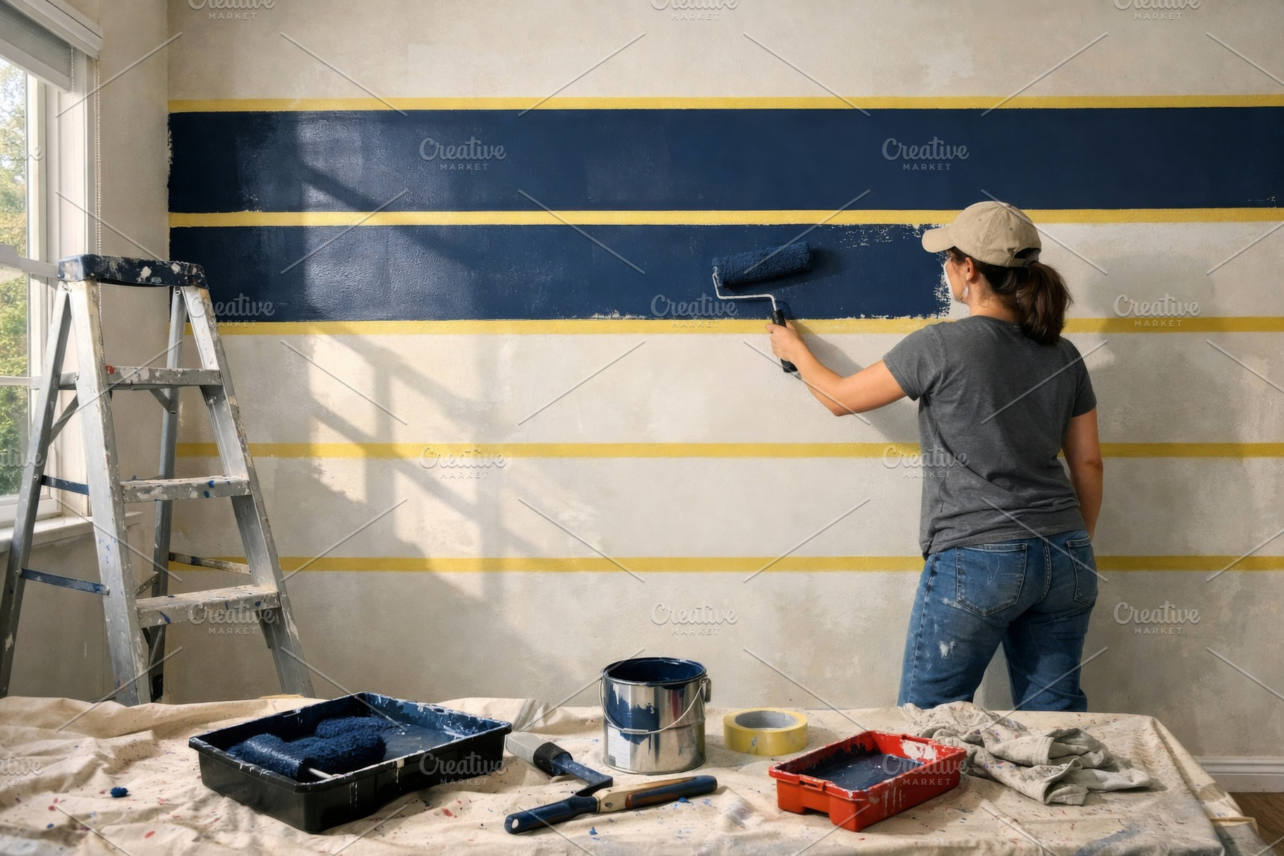 Woman painting broad blue stripe on, a Photo by Dvoevnore photos