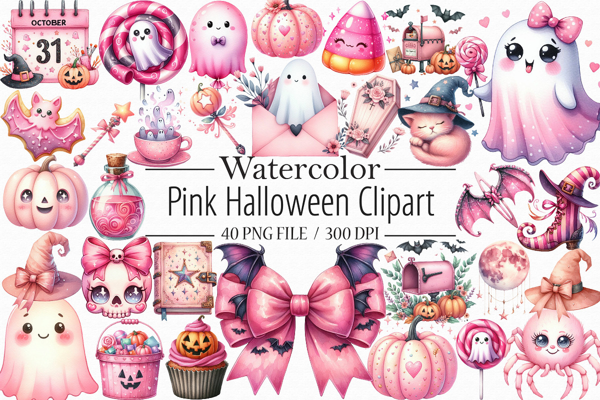 Pink Halloween Clipart. Cute Hallowe, an Illustration by Libby Wishes (Photo 1 of 6)
