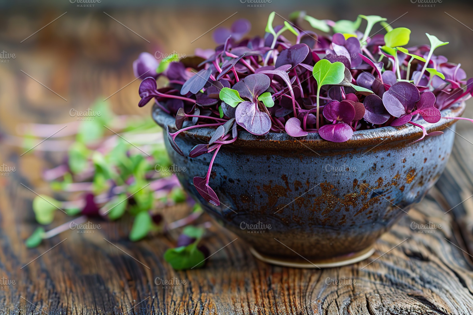 Fresh purple radish microgreen in bowl on wooden table, a Food & Drink Photo by AlyaAnd