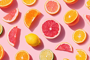 Colorful summer fruit pattern with sliced citrus on a pink background, a Food & Drink Photo by AlyaAnd