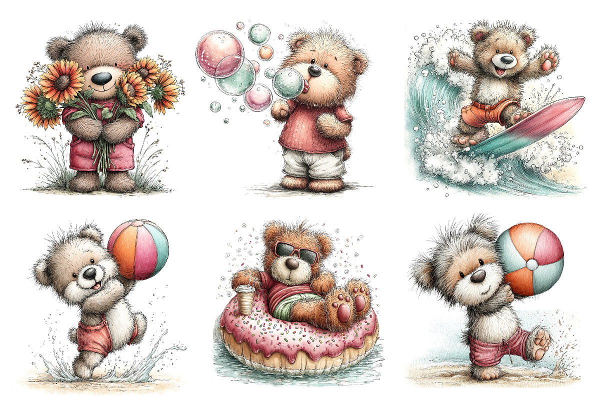 Whimsical Summer Teddy Bear Clipart, an Illustration by Dream Creation (Photo 2 of 6)