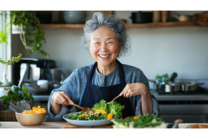 Elderly Asian woman joyfully, a Food & Drink Photo by Sergey Kotenev