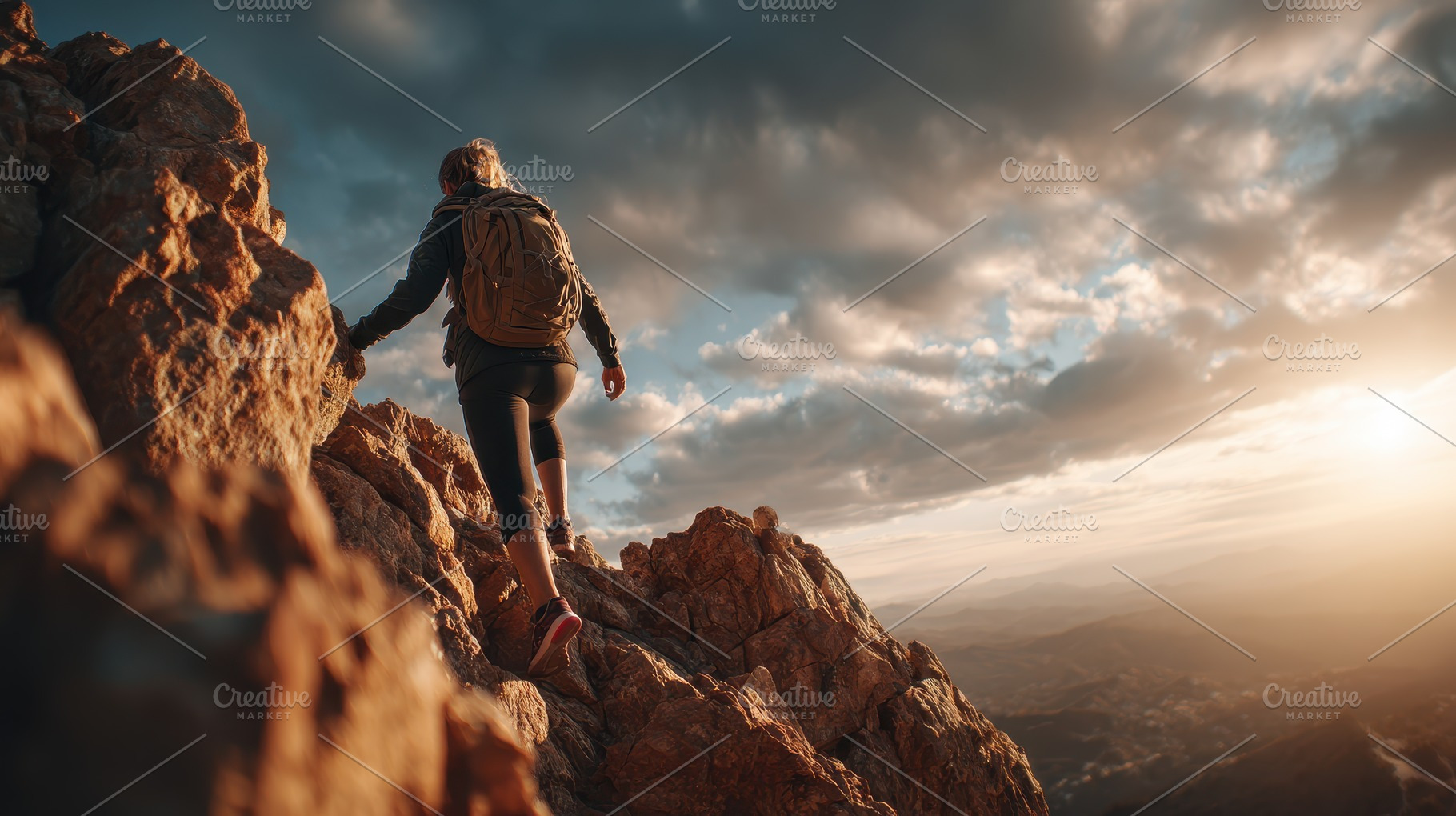 Woman hiker climbing mountain sunset, a Photo by Pixeness Studio