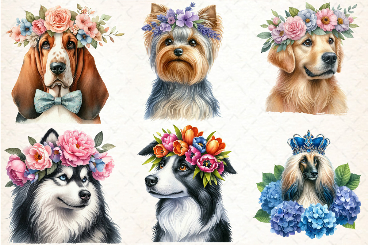 Watercolor Dog with Flower Crowns, an Animal Illustration by DreamCafeArt (Photo 3 of 5)