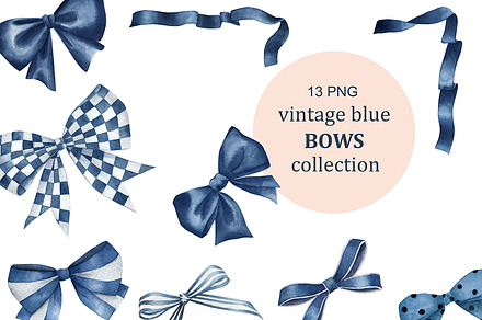 Vintage Blue Bows Collection, an Object Illustration by Natikka Art