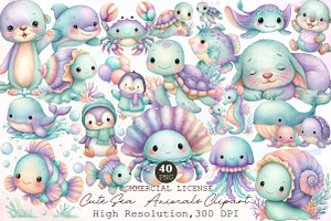 Cute Sea Animals Watercolor Clipart, an Illustration by Sublimation Artist