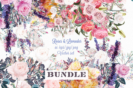 Roses and lavender vector bundle, a Decorative Illustration by FleurArt