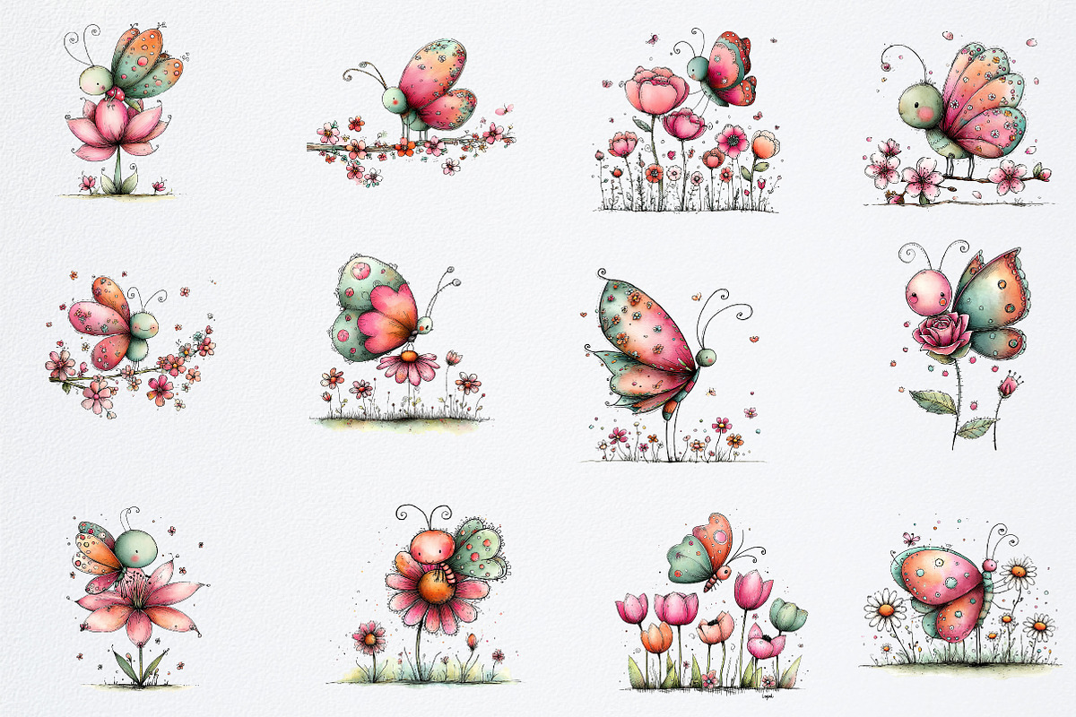 Whimsical Butterfly Flower Clipart, an Illustration by Watercolor design (Photo 4 of 6)