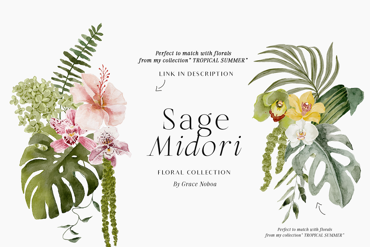 Tropical green watercolor flowers, an Object Graphic by Grace Noboa Illustrations (Photo 3 of 11)