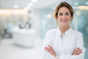 Smiling woman in a medical setting, a Photo by Beautiful things