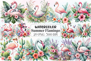 Summer Flamingo Garden Clipart, an Illustration by CraftArtStudio