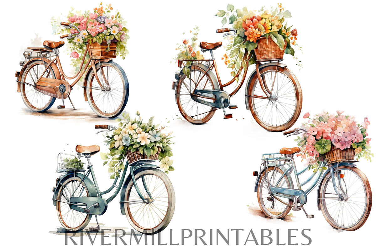 Vintage Bicycles & Flowers Clipart, a Transportation Illustration by Rivermill Printables (Photo 3 of 4)