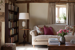 Cozy English country living room decorated with floral patterns, wooden beams,, an Architecture Photo by Studio ANNA